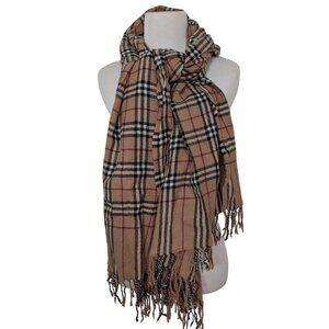 Tantraom Plaid 100% Wool Scarf Beige Red Black Fringe Lightweight Rectangle